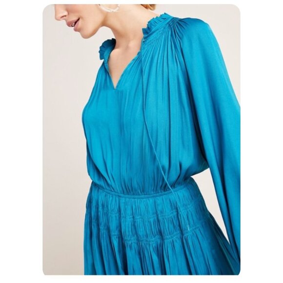 * Anthropologie Current Air Teal Satin Samantha Smocked Long Sleeve Mini Dress - Picture 3 of 11